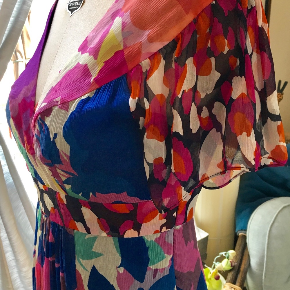 Diane Von Furstenberg Floral Vibrant Pink & Blue Printed Silk Chiffon Dress
